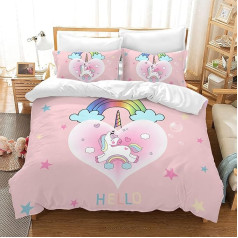 Rowjoy Kids Bed Linen, Cartoon Unicorn Microfibre Bed Linen, Girls Children's Bedding Set, Duvet Cover with Zip and 2 Pillowcases (Rainbow Unicorn, 135 x 200 cm)