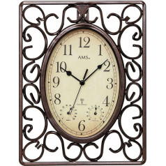 AMS Radio-Controlled Wall Clock in Retro Look, Brown Metal Casing, Weatherproof and with Thermometer, Antique Look - Modern Radio Technology, Garden Clock Outdoor Clock