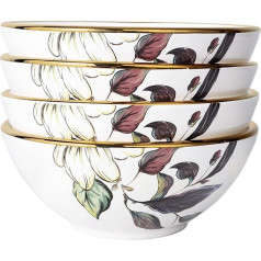 fanquare Set of 4 Porcelain Salad Soup, 280 ml Japanese Cereal Bowl with Flowers and Leaf Pattern, Stackable Ramen Bowl, Small