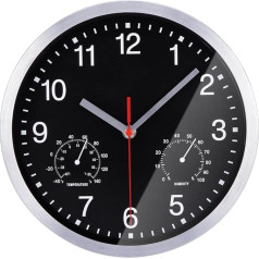 NESIFEE Wall Clock without Ticking Noises Radio Radio Clock Wall Black with Temperature and Humidity 25 cm Battery Operated Large Vintage Modern Silent Clock Wall for Kitchen Bedroom Living Room