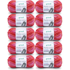 Gründl Perla Color Wool (Wool-Like Hand Knitting Yarn Made of 100% Polyester, 100 g / 90 m, Needle Size: 8-9, 10 x 100 g), Pink/Red/Mother of Pearl