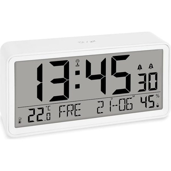 ADE Digitaler Funkwecker mit XXL-Ziffern | Tischuhr und Funkwecker mit Kalenderfunktion | mit Temperaturanzeige und Luftfeuchtigkeit | 2 Weckzeiten und Schlummerfunktion | weiß