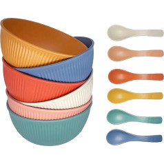 Ulrikco Unbreakable Cereal Bowls and Spoons, Set of 6, Lightweight Salad Bowls, Dishwasher and Microwave Safe, Reusable Plastic Dessert Bowls Set for Breakfast, Salad