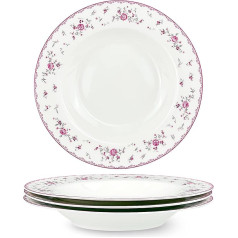 fanquare Set of 4 White Ceramic Soup Bowls Diameter 218 mm Deep Soup Bowl Set Made of Porcelain, Pink Flowers Pasta Plate