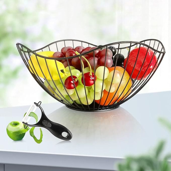 Does Not Apply Metal Fruit Bowl Black Wire Fruit Basket Large Iron Decorative Stand Round Fruit Bowl for Kitchen Counter Table Pantry Storage