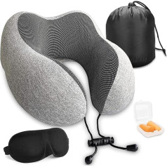 Wolke sieben Memory Foam Travel Neck Pillow, Aeroplane Neck Pillow, Car Travel Pillow with Sleeping Mask, Ear Plugs, Carry Bag Set (Grey)
