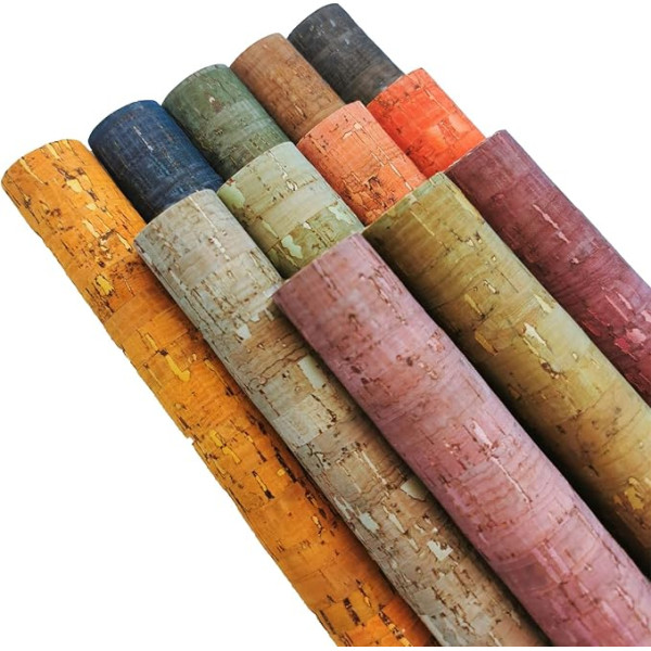 12 Coloured Cork Fabric Sheets, Cork Faux Leather, 20 x 30 cm, Soft Cork Ribbon Fabric for Sewing Bags, Coins, Purses, Notebooks and Other Crafts