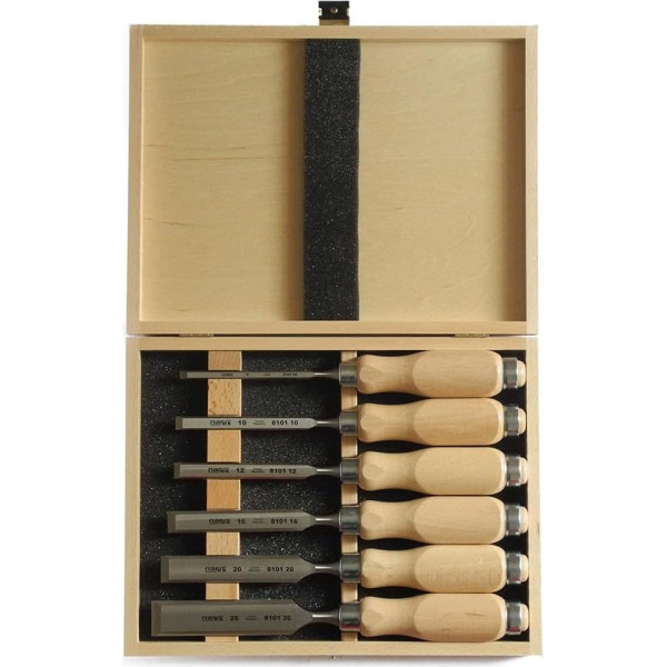 Narex, Meißel-Set, Schrägkanten-Meißel, mit Holzgriffen im Holzkasten, 6 Stück