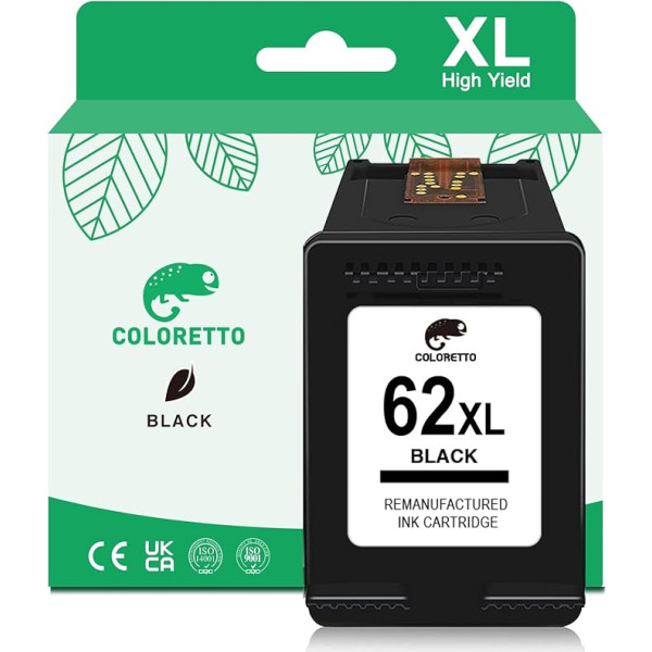 COLORETTO 62XL (1 Black) Remanufactured Replacement for HP 62XL (C2P07AE) Printer Ink Cartridge for Envy 5540 7640 5548 5640 5646 OfficeJet 5740 5742 5744 200 250 Printer