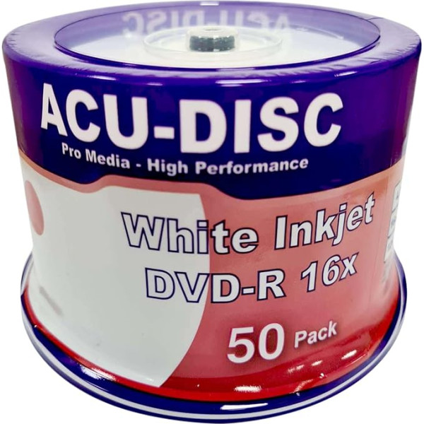 ACU-DISC DVD-R Blank 16 x 4.7GB 120 Minutes Full Face White Hub Inkjet Printer - Pack of 50