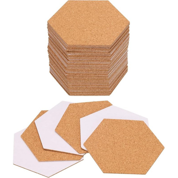 QUARKZMAN Pack of 50 Self-Adhesive Cork Coasters, 87 x 100 x 1.5 mm, Cork Mats, Cork Tiles, Cork Underlays, Mini Wall Cork Board for Coasters and DIY Crafts, Hexagon