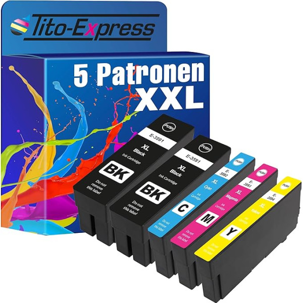 Tito-Express PlatinumSerie 5 Cartridges XXL Compatible with Epson T3591-94 35XL Workforce Pro WF-4700 WF-4720DWF WF-4720 WF-4725DWF WF-4730DTWF WF-4735DTWF WF-4740DTWF Black Each 50 ml, Colour Each 25