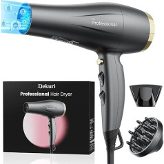 Dekuri Hair Dryer Ion Professional Hair Dryer Quick Drying Professional Hair Dryer with 2 Speed and 3 Heat Settings, Cold Air Button with 1 Diffuser & 2 Concentrators, Grey