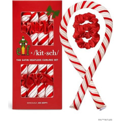 Elf x Kitsch Overnight Satin Hair Rollers, Heat Free Curlers for Soft Curls, Curling Iron Headband - Candy Cane