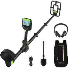 LOLARAN Professional Metal Detector for Adults - Rechargeable Lithium Battery, Includes Shovel, Backpack, Headphones, Pinpointer, Foldable Design, Waterproof Search Coil, Blue Background