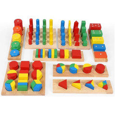 TOWO Wooden Sorting Game with Geometric Shapes for Stacking, Sorting and Categorising Wooden Shapes Puzzle Geometric Figures Game Educational Wooden Toy Montessori Toy for 3 Years Old