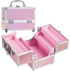 Cosmetic Case with 4 Shelves Makeup Box Kids Cosmetic Organizer Makeup Tool Holder with Lock and Keys Small Size:22.5*16*17cm, rose