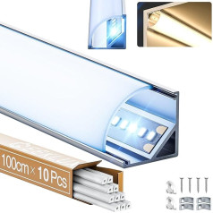 GEEKLUX 10 x LED Corner Profile Aluminium 1 m x 10 Pieces (Total 10 m) for LED Strips, V-shaped LED Channel with LED Diffuser, 90 Degree LED Rail, Ideal for Ceiling, Stairs and Corners - 15.8 x 15.8
