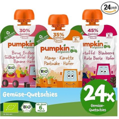 Pumpkin Organics Querbed Organic Vegetable Squeezies - Squeeze without Added Sugar - Baby Food for Babies from 6 Months - Get to Know Pack of 24 (24 x 100 g)