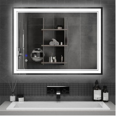 Mondeer LED Bathroom Mirror with Lighting, 80 x 60 cm Wall Mirror with Touch Switch, Anti-Fog and 5 x Magnifying Glass, 3 Light Colours, Dimmable for Bathroom (3000 K - 6500 K)