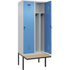 kaiserkraft | Spind Evolo Plus mit Trennwand mittig und Sitzbank | 2 Abteile | Trennwand mittig | lichtgrau/lichtblau | B 800 mm | Sicherheits-Drehriegel | mit auskragender Sitzbank | Buche