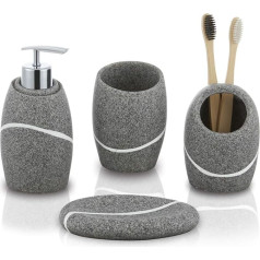 ZCCZ Bathroom Set - 4 Pieces - Bathroom Organiser with Toothbrush Holder, Soap Dispenser, Soap Dish, for Cosmetics and Cotton Buds - Elegant Bathroom Decoration in Stone Look, Grey