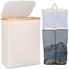 iEGrow Laundry Basket 150L XL Extra Large 2 Compartments Laundry Hamper with Bamboo Handle and Lid Laundry Baskets for Laundry Room, Bedroom, Bathroom (Beige)