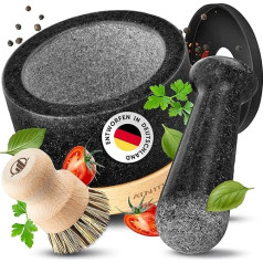 ATNITY Granite Mortar with Pestle Diameter 14.5 cm - Stone Mortar with Extra Long Pestle - Mortar on Elegant and Sturdy Beech Wood Base with Silicone Lid and Cleaning Brush in Set