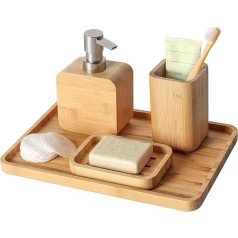 Asashizen 4-Piece Retro Handmade Bamboo Bathroom Accessory Set, Bathroom Set, Soap Dish Holder for Shower, Lotion Soap Dispenser, Mouthwash Cup, Rinse Cup, Organiser Tray