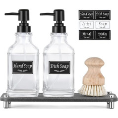 Shinowa Kitchen Soap Dispenser Set, Soap Dispenser for Kitchen Sink with Water Absorbent Stone Tray, 2 Pieces 18 oz Hand and Plate Soap Dispenser Made of Thick Glass with Pump