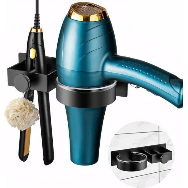 Hair Dryer Holder, No Drilling, Hair Dryer Holder for Hair Dryers and Straighteners, Aluminium Alloy Hair Dryer Holder, Wall Mount, Straightener Holder for Bathroom, Barbershop, Hotel, Black, Hair