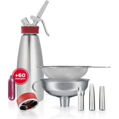 iSi - Gourmet Whip Cream Dispenser 1L + 6 x 10 Cream Capsules + Stainless Steel Nozzles + Funnel + Strainer + Whipper Cap in Bundle - 100% Stainless Steel Cream Sprayer for Cream, Soups, Espumas &