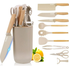 Justup Knife Set, 10-Piece Kitchen Utensil Set with Knife Set and Utensil Holder - Includes 6 Knives & 4 Silicone Utensils, Knife Set with Block and 4 Silicone Spatula Set (Khaki)