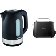 Tefal KO3308 Plastic - Stainless Steel Kettle | Anti-limescale Filter | 2,400 W | Assistant Lid Opening | 1.7 L | Black & Philips HD2581/90 Toaster, Bun Attachment, 8 Browning Levels, Black