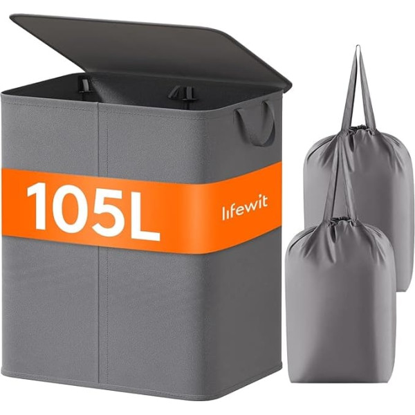 Lifewit 105L Laundry Basket with 2 Compartments, Foldable Large Laundry Basket with Lid and 2 Removable Laundry Bags for Clothes, Laundry, Bathroom, Grey