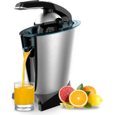 Cecotec Elektrische Arm-Zitruspresse EssentialVita Hyden 600 Steel. 600 W, Edelstahlsieb, 2 abnehmbare Kegel, Druckhebel, Tropfschutzsystem, Spülmaschinenfest