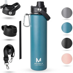 750 ml Complete Package Double-Walled Stainless Steel Water Bottle, BPA-Free Vacuum Insulated Drinking Bottle, Leak-Proof Thermos Flask, Carbonated Drinks, 3 Lids + Hanging Strap + Straw Thermos Flask