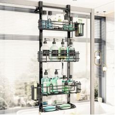 HapiRm Shower Shelf for Hanging, Adjustable, 4 Levels Shower Shelf, No Drilling Over the Door, Shower Shelf Hanging with 22 Hooks and 2 Toothbrush Holders, Shower Basket for Shampoo, Conditioner,