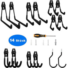 LAVAVIDA Hooks, Pack of 14 Garage Storage Double Hooks Wall Hooks Device Hooks, Multi Size Heavy Duty Iron Tool Holder Bicycle Wall Mount for Home Chair Ladder, Organisation, Power Tools