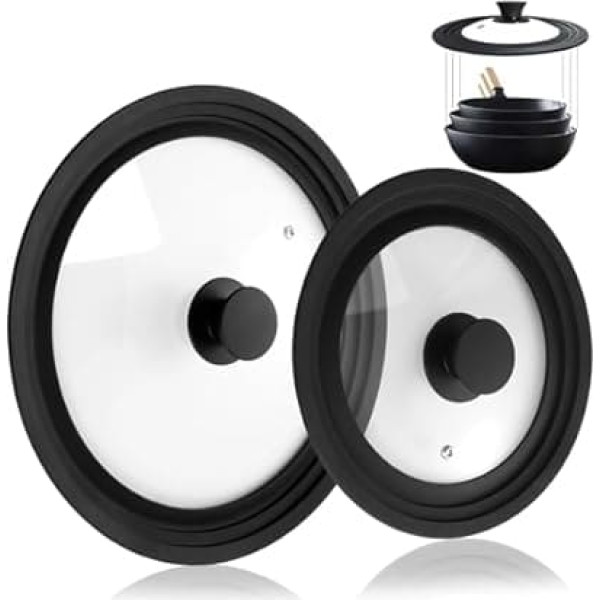 SWEWARM 2 Pieces Tempered Glass Silicone Lids, Heat Resistant Pot Lids with Visible Seal, Pan Lids for Various Cookware Sizes, Universal Lid for Pan, Frying Pan and