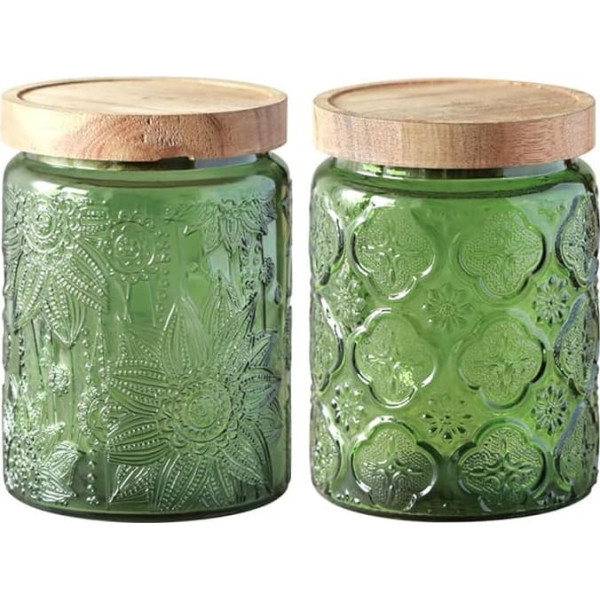 YOUSIS Glass Storage Jars with Wooden Lid, 2 Pack Airtight Food Jars Set, Sugar Bowl Storage Canisters for Coffee Beans, Loose Tea, Sugar (Green Begonia Sunflower, Round, 700 ml/24 oz)
