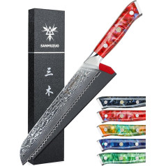 SANMUZUO Bread Knife with Serrated Edge, Damascus Knife 20 cm Blade - Damascus Steel Kitchen Knife with Resin Handle - Xuan Series (Sunset Red)