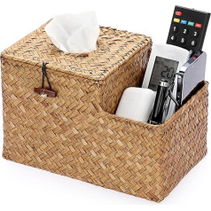 IGNPION Woven Square Tissue Holder, Seagrass for Face Tissues, Decorative Household Cubes, Tissue Organizer Box with Remote Control, Storage Holder for Home, Office, Car, Hotel