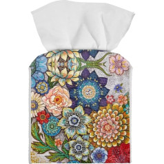 NETILGEN Face Napkin Box Holder with Belt Bottom PU Leather Square Napkin Dispenser for Kitchen Bathroom Office Living Room Blooming Flower