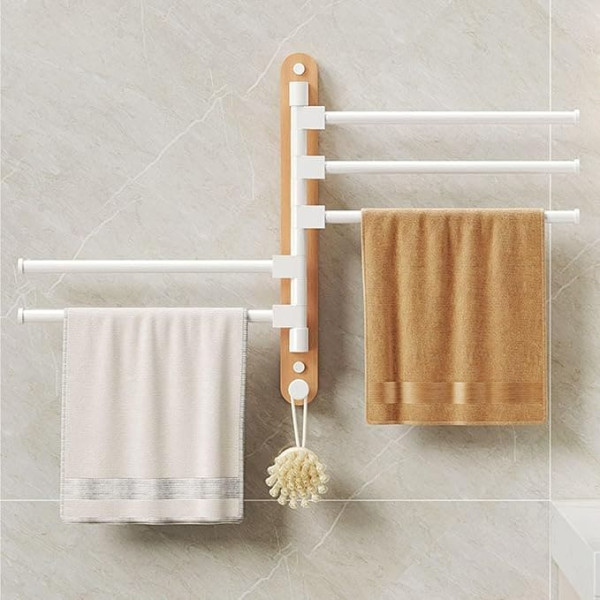 Towel Rail No Drilling 180° Rotation Bath Towel Holder with 2/3/4/5 Arms Swivel Arm Towel Rail Wall Mounted with Hooks Bathroom Towel Holders for Bathroom, Kitchen and Wardrobe (5 Arms)