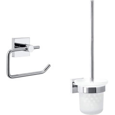 tesa® ekkro Toilet Roll Holder without Lid + tesa® ekkro Toilet Brush Set, High-Gloss Chrome-Plated, Includes Adhesive Solution, Guaranteed Rustproof