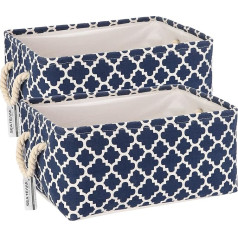 Sea Team Pack of 2 24 Litres Canvas Storage Basket, Rectangular Mesh, Folded, Thick Laundry Box with Cotton Handle for Organising Clothes, Towel, Book, Cosmetics, Toys (Navy M)