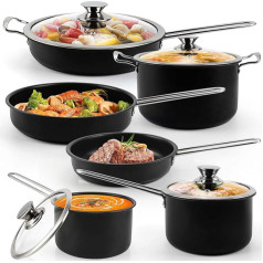 AuFranc® Stainless Steel Cooking Pot Set, 10-Piece Pot Set with Glass Lids and Stay Cool Handle, Cooking Pot for All Types of Hobs, Oven Safe and Dishwasher Safe, Pot Non-Toxic, Uncoated (Black)