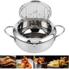 Japanese Deep Frying Pot, Stainless Steel Stewing Pot, Tempura Roasting Pot with Thermometer, Induction Hob, Compatible for Roasting and Cooking (20 cm)