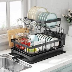 Kitstorack Dish Drainer 2-Tier Dish Drainer with Drip Tray and Drying Mat, Dish Drainer with Utensil Holder, Rotating Spout, Drink Holder, Black